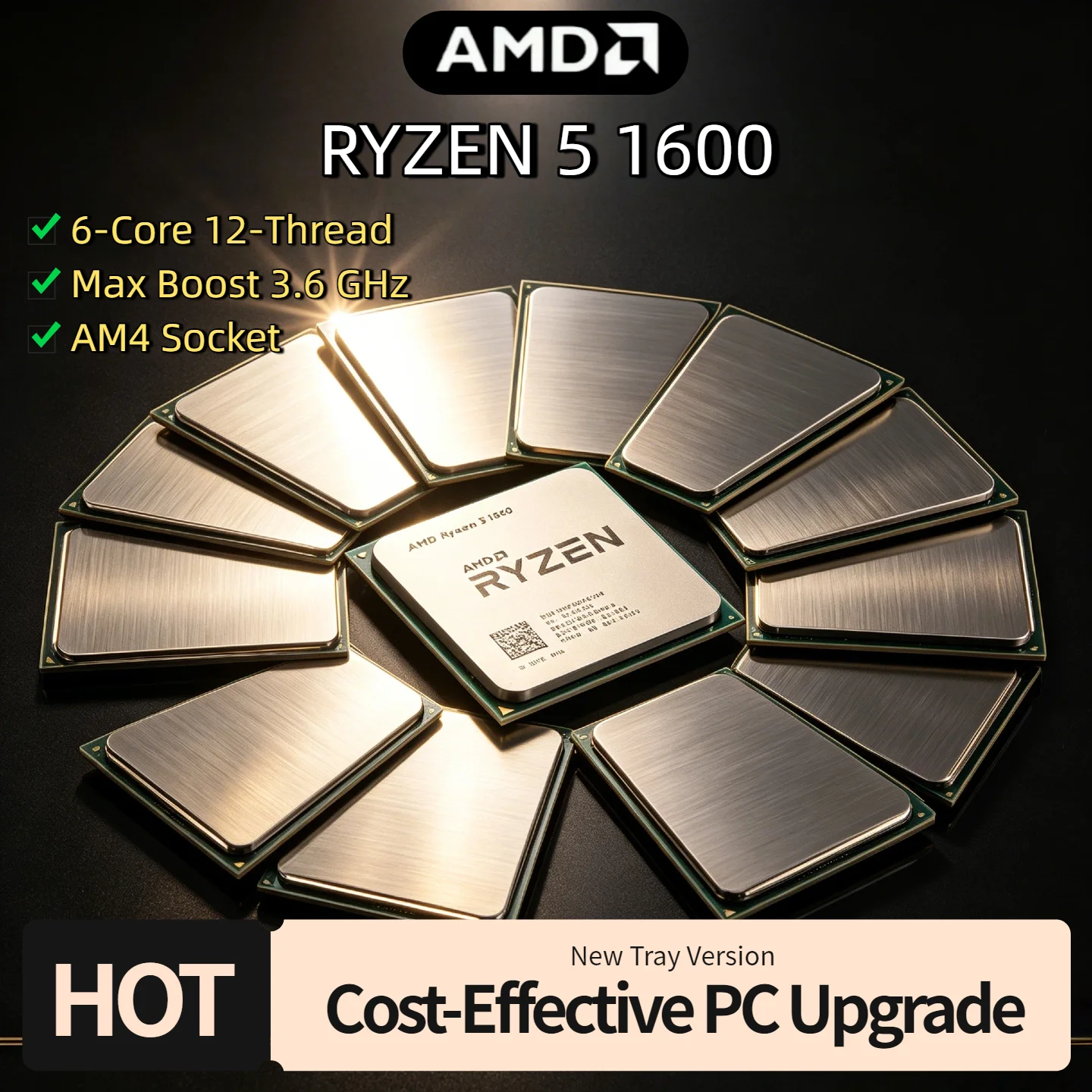 Procesador AMD Ryzen 5 1600 R5 1600 3.2GHz 6 Núcleos 12 Subprocesos 65W Socket AM4 para Juegos, Sin Empaque, Ultra Rápido Plus 4K