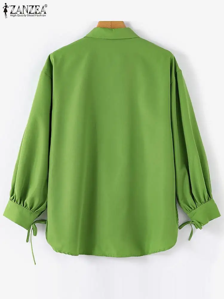 ZANZEA Fashion Women Blouse Stylish Solid Loose Muslim Blouse Dubai Turkey Blusas Autumn Elegant Long Sleeve Lace Up Green Tops