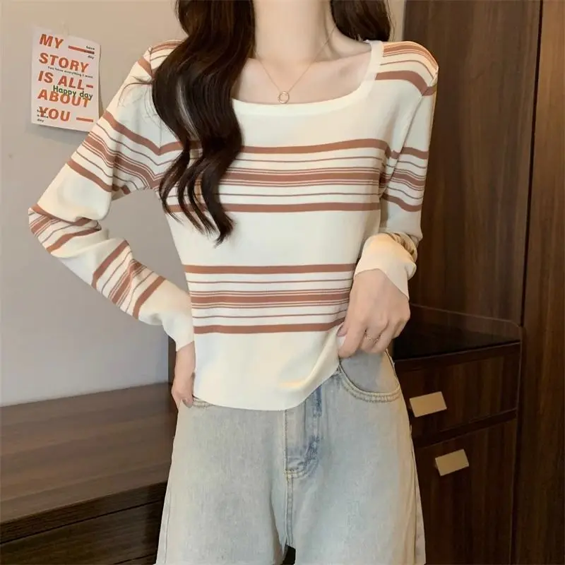 Knitted Striped Sweater Square Neck Short Women'S 2024 New Autumn French Versatile T-Shirt Loose Long-Sleeved Top