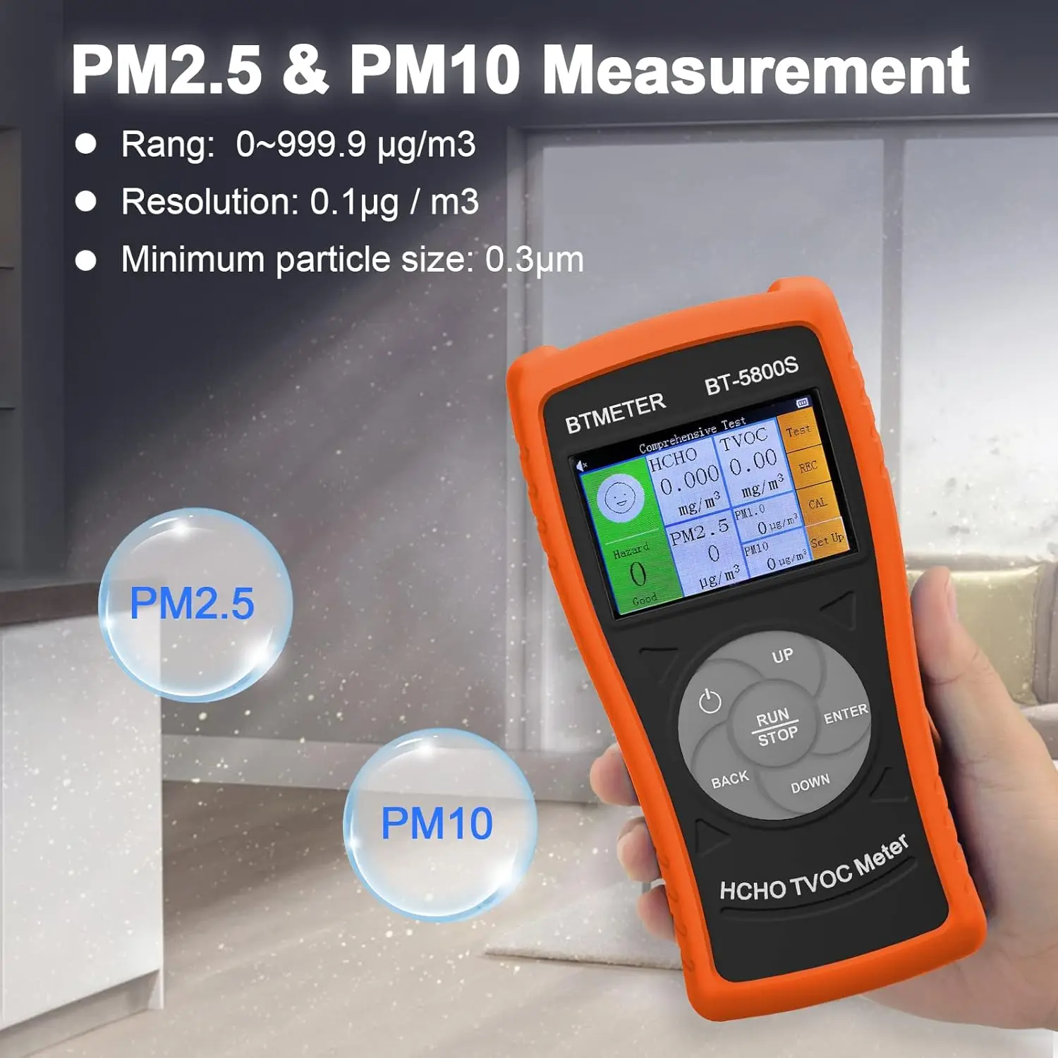 

BT-5800S Air Quality Monitor- Detects Formaldehyde, PM2.5, PM10, TVOC, HCHO. USB Rechargeable for Home & Office