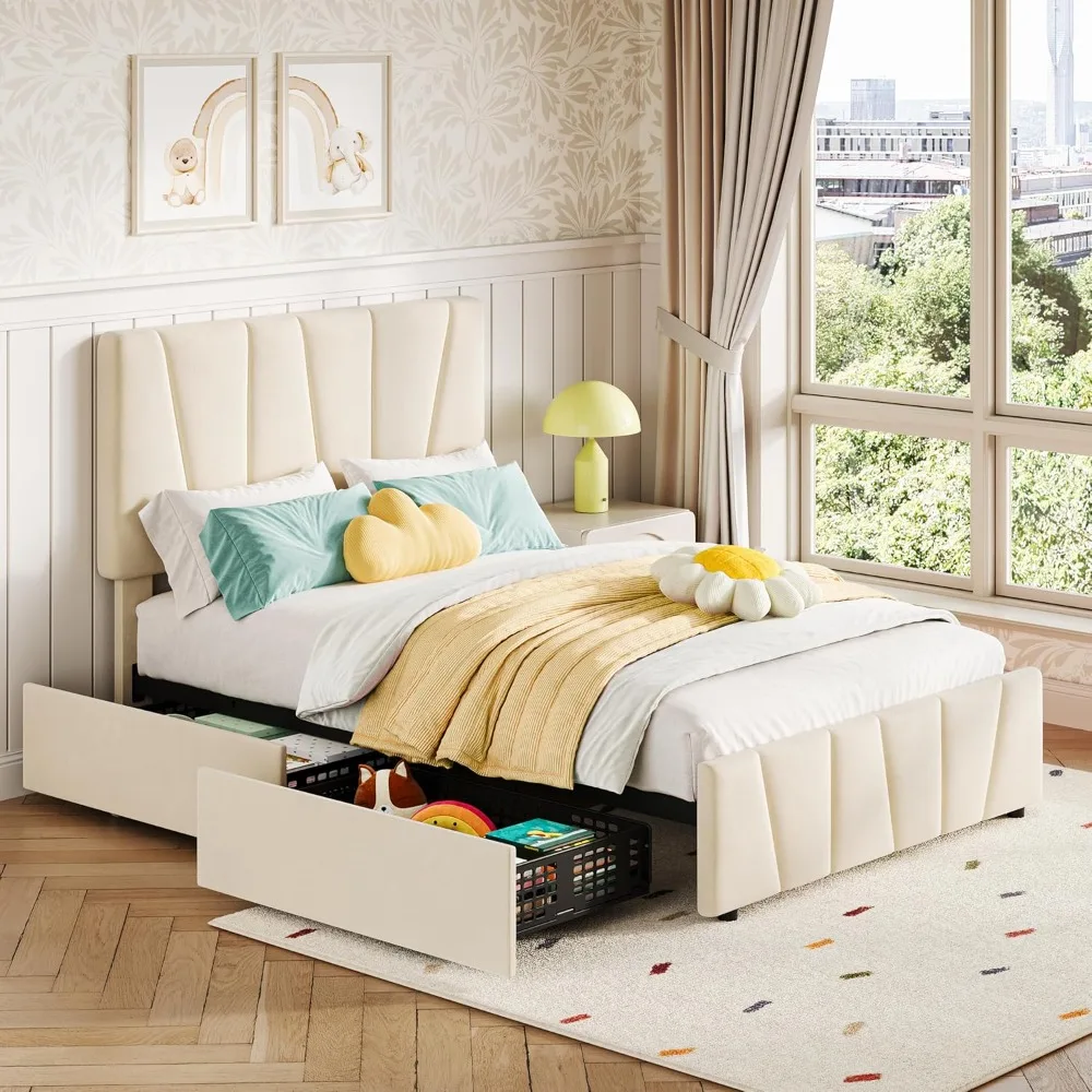 

Twin Bed Frame with Adjustable Headboard and 2 Storage Drawers, Velvet Cushioned Plush Double Platform Bed Frame