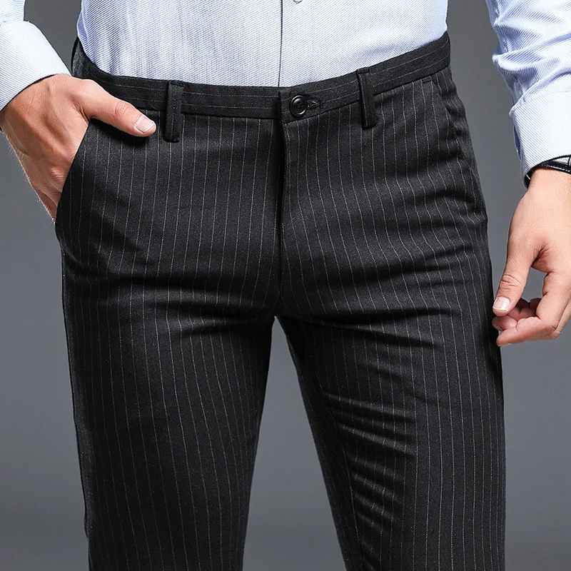 

Летние классические брюки ICPANS, тонкие облегающие тянущиеся мужские деловые брюки в полоску черного и серого цвета, 2024