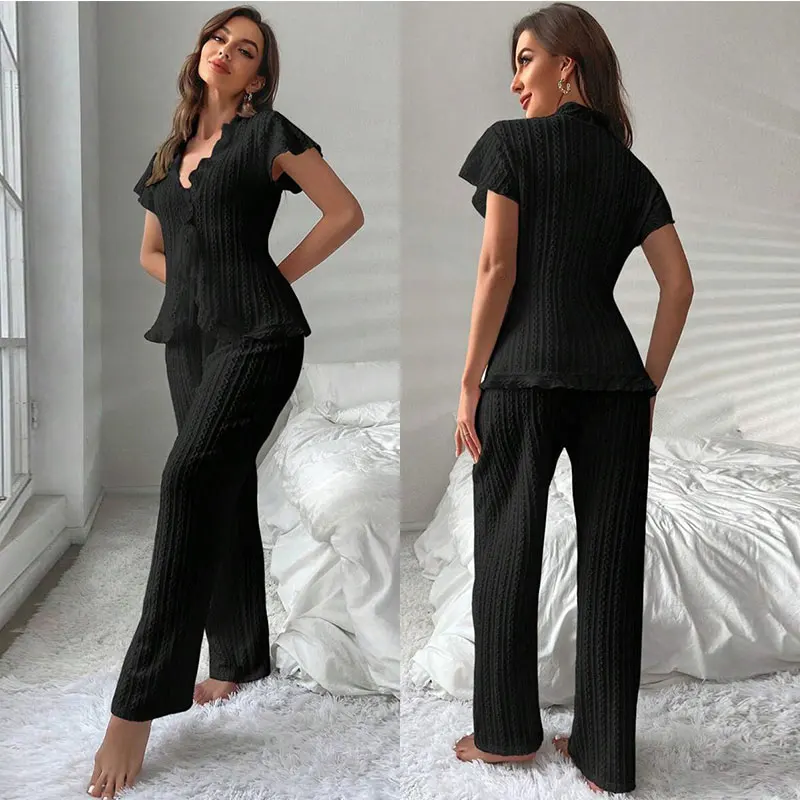 

Женский сексуальный пижамный комплект на шнуровке, топ с короткими рукавами и длинные брюки, одежда для сна, комплект из 2 предметов для женщин, вязаная жаккардовая домашняя одежда с v-образным вырезом