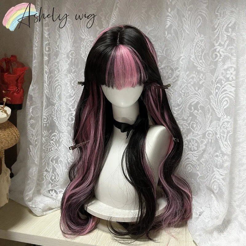 Black Hot Pink Highlight Long Wavy Wig with Straight Bangs Synthetic Wig wavy Wig for E-girl Goth Cosplay Harajuku Street Style