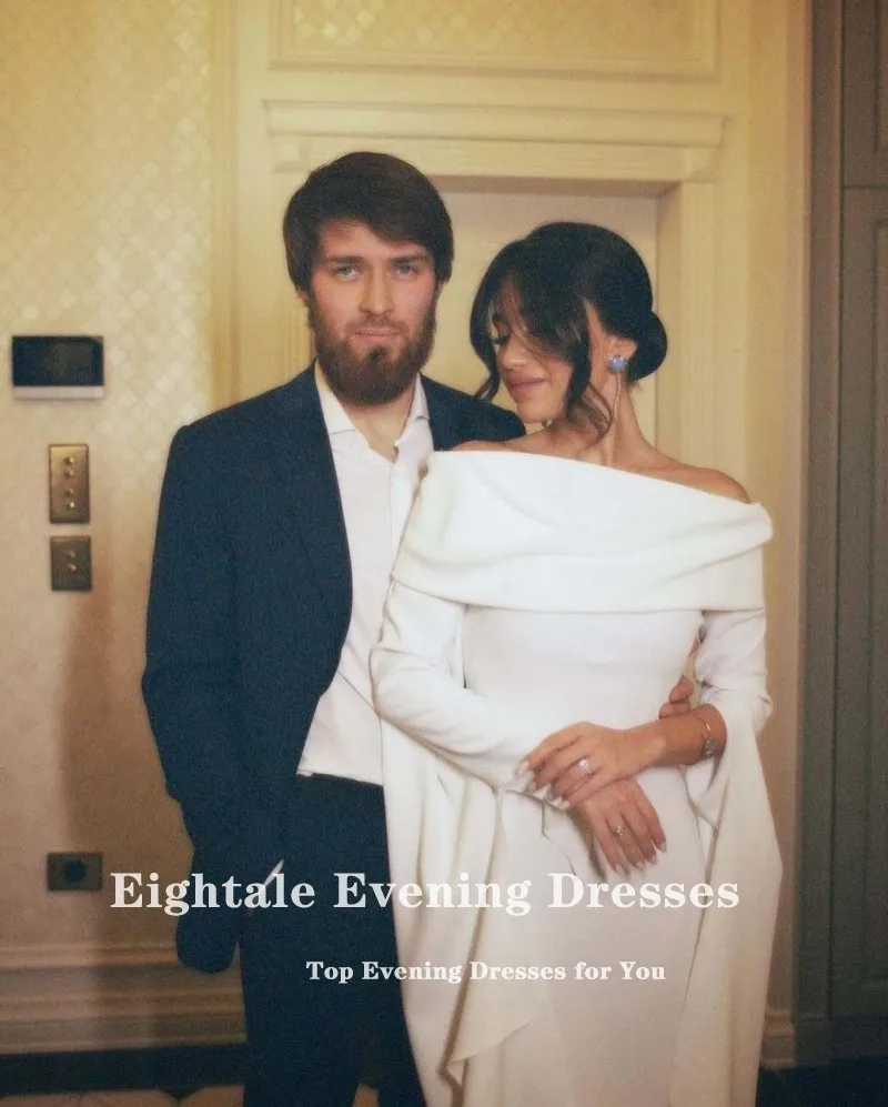 Eightale Strethy Satin Wedding Dress Strapless Customized White Ivory Long Sleeves Arabic Bridal Gown Robe De Mariée