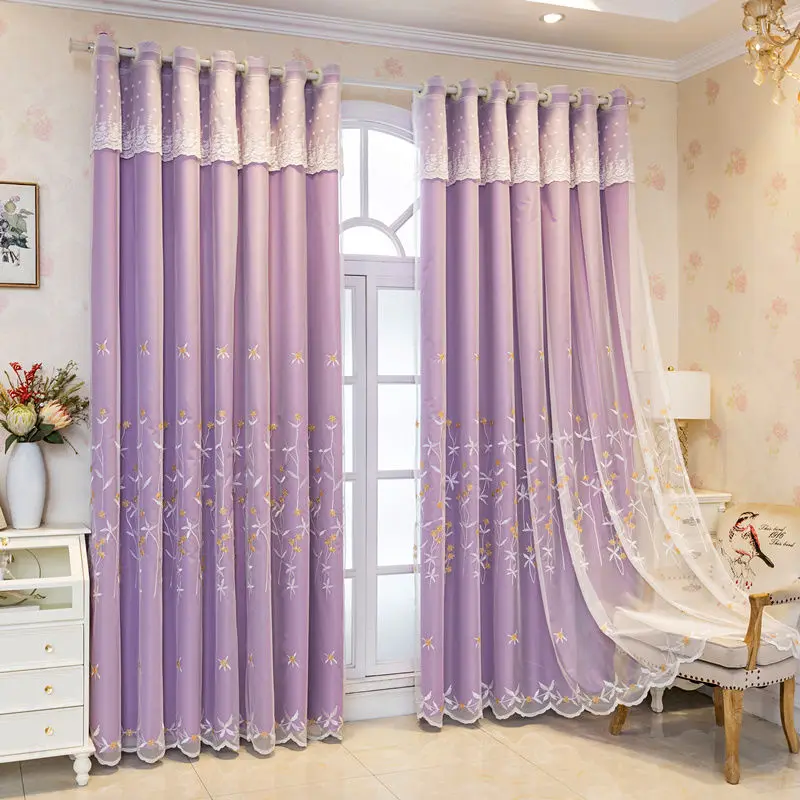 Countryside Style Double Layered Curtain Embroidered Sheer Curtain Plus Cloth Curtain for Living Room Bedroom Balcony