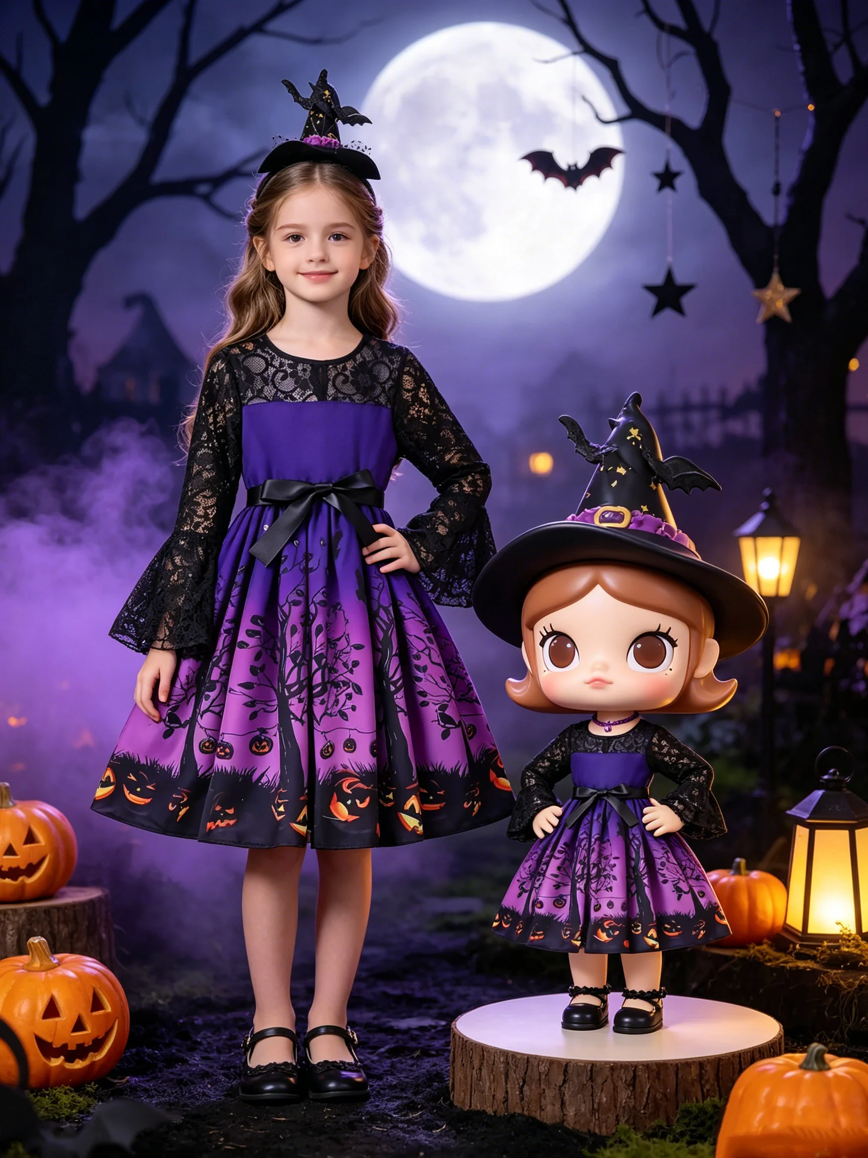 Kinder-Halloween-Kleid mit Kürbisbaum-Motiv, Netz-Trompetenärmeln, Taillenbetonenden Trägern, mittellangem Rock und Rundhalsausschnitt – Detail 2