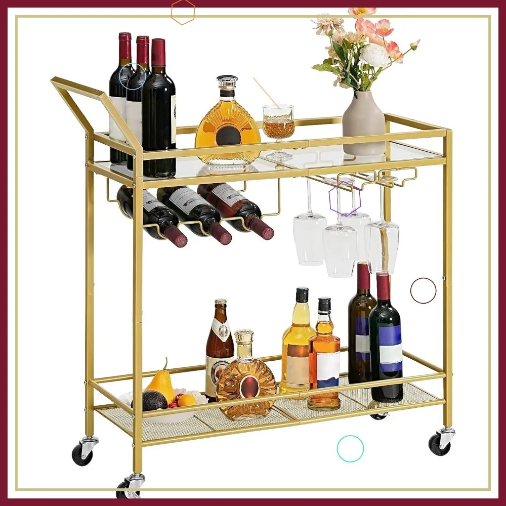 

2-Tier Kitchen Cart with Wine Rack, Glass Holder, Wheels & Guard Rails for Dining Room, Living Room, Party