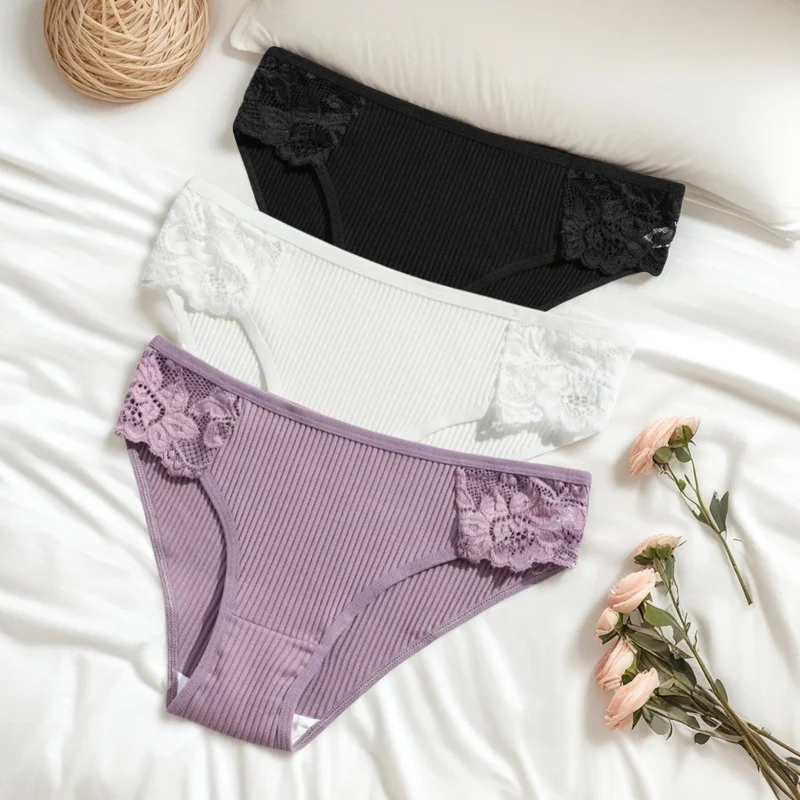 3 ks/sada dámských bavlněných kalhotek s nízkým pasem, spodní prádlo, patchworkové krajkové kalhotky, dámské měkké kalhotky, sexy spodní prádlo, velikost S-XL - náhled 3