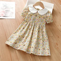 Little maven 2024 Baby Girls Floral Dress Summer Pretty Short Sleeves Frocks Cotton Clothes Comfort for Kids 2-7 year