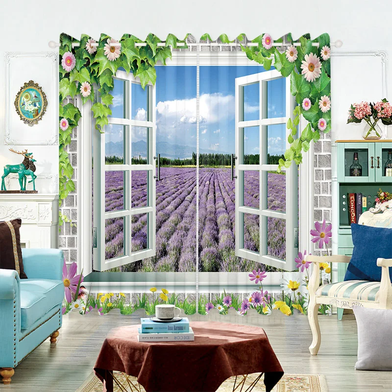 Custom Modern Rose Flower Seaside Beach Landscape Curtains for the Whole House Girl Bedroom Living Room Semi-blackout Blinds