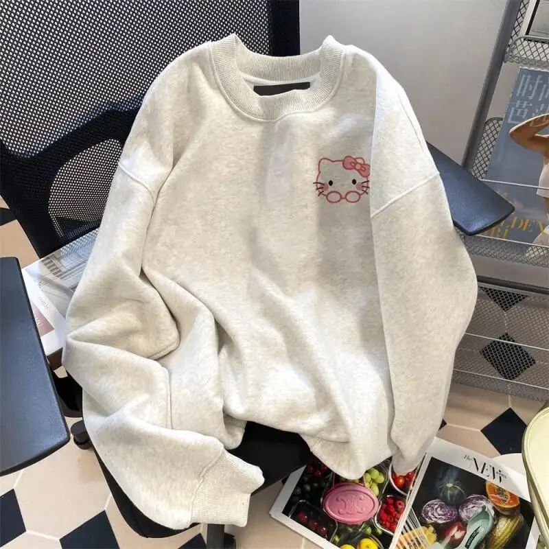 

New Sanrio Hello Kitty Print Round Neck Sweatshirt Women Autumn Spring New Girl Tops Hooded Kawaii Cartoon Student Hoodie Hot