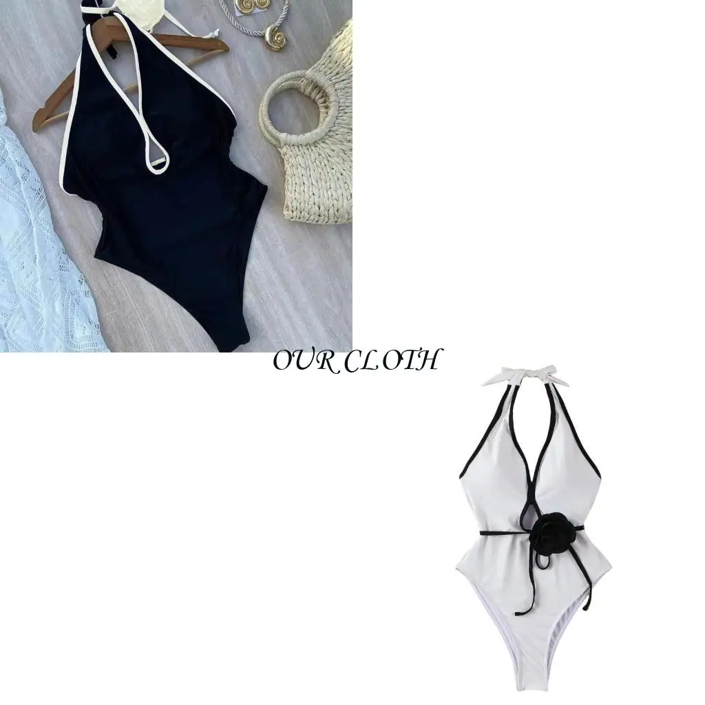 

Women Plunging V Neck Swimsuit Halterneck Bathing Suit Ladies Monokini Swimwears Y1AC
