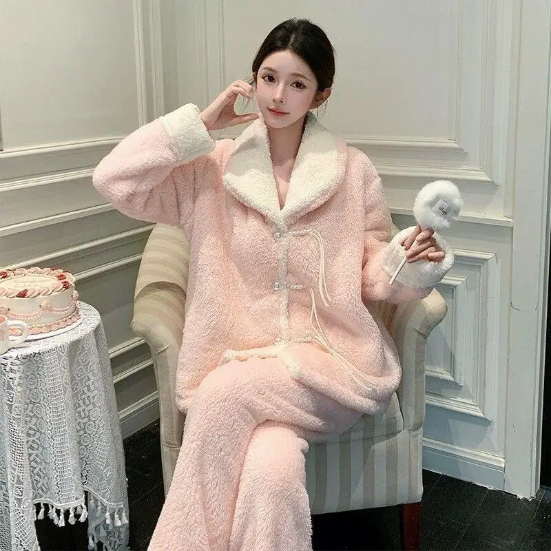 

Осенне-зимний женский пижамный комплект в китайском стиле, утепленный пижамный комплект, фланелевая теплая домашняя одежда, новый комплект одежды для сна из кораллового флиса с героями мультфильмов