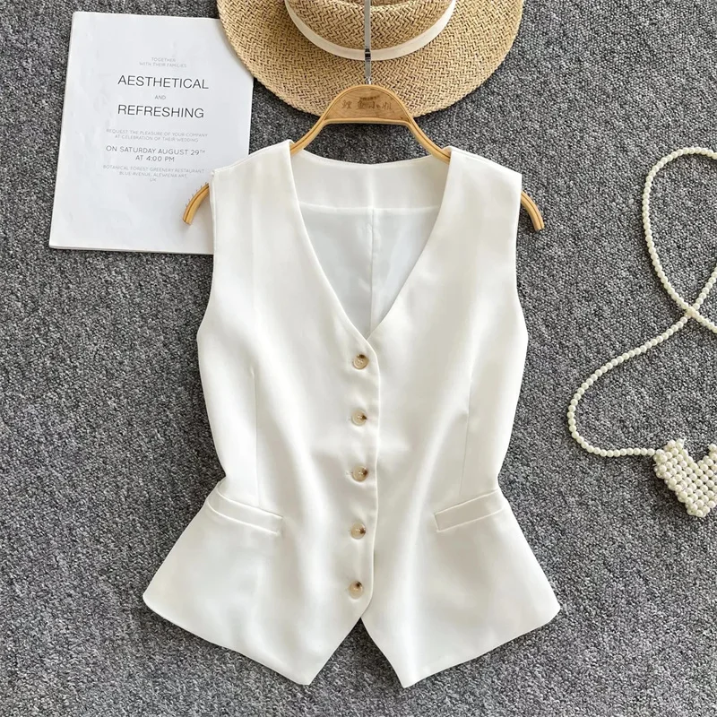 

Summer Women V-neck Suit Sleeveless Jacket Femme Casual Short Waistcoat Top Korean Ladies Fashion Solid Color Cardigan Vest Coat