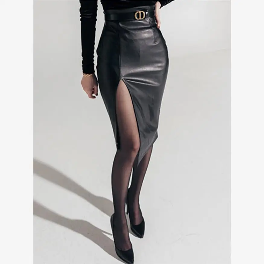 High Waist PU Leather Skirt for Women Mid-Length A-Line Slim Fit One-Step Zipper Side Slit Black Autumn Winter Slimming Skirt