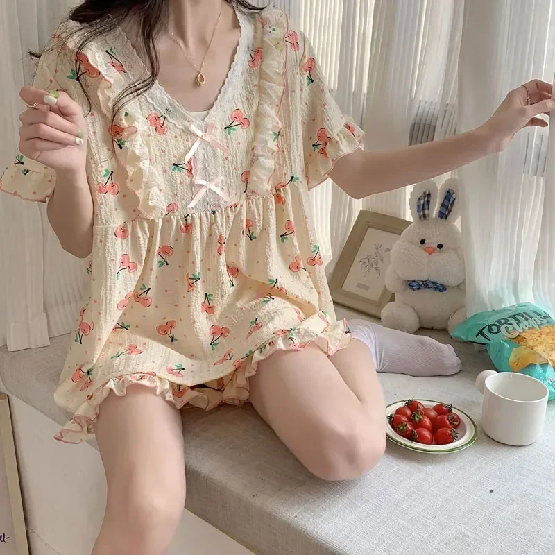 

Size Cherry Set Mujer Short Plus Print Sleepwear Ruffle Top+shorts Homewear Sleeve Pajama Breathable Skin-friendly