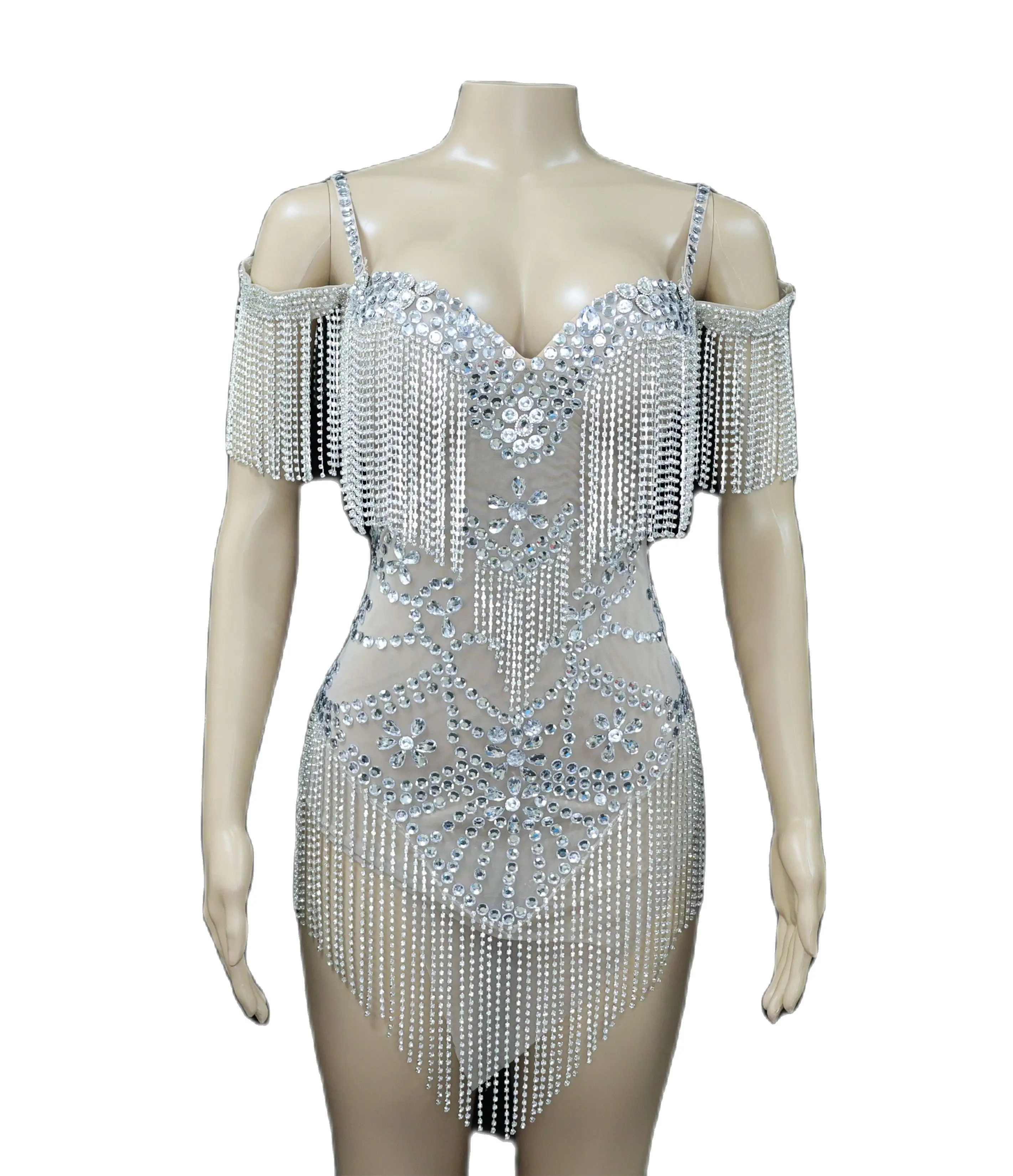 

Summer Mesh Sexy Pearls Crystals ChainsDress See Through Birthday Party CelebrateTassels Costume Nightclub Fringes Outfit