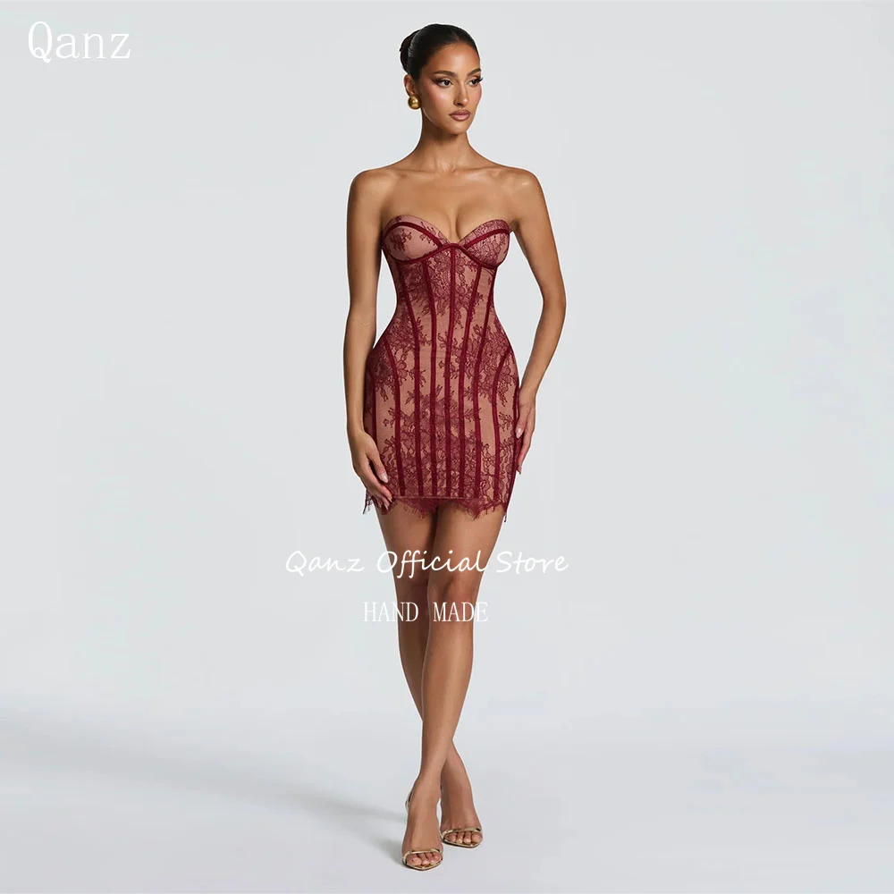 

Qanz Burgundy Lace Prom Dress Sweetheart Sexy Wedding Guest Dresses Sweetheart Short Vestidos De Fiesta Elegantes Customized