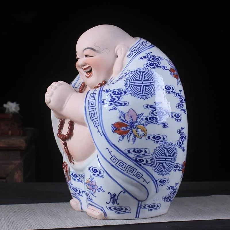  Traditional Chinese Arhat Ceramic Maitreya Buddha Figurines Blue and White Porcelain Spiritual Decor Porch Ornament Cultural