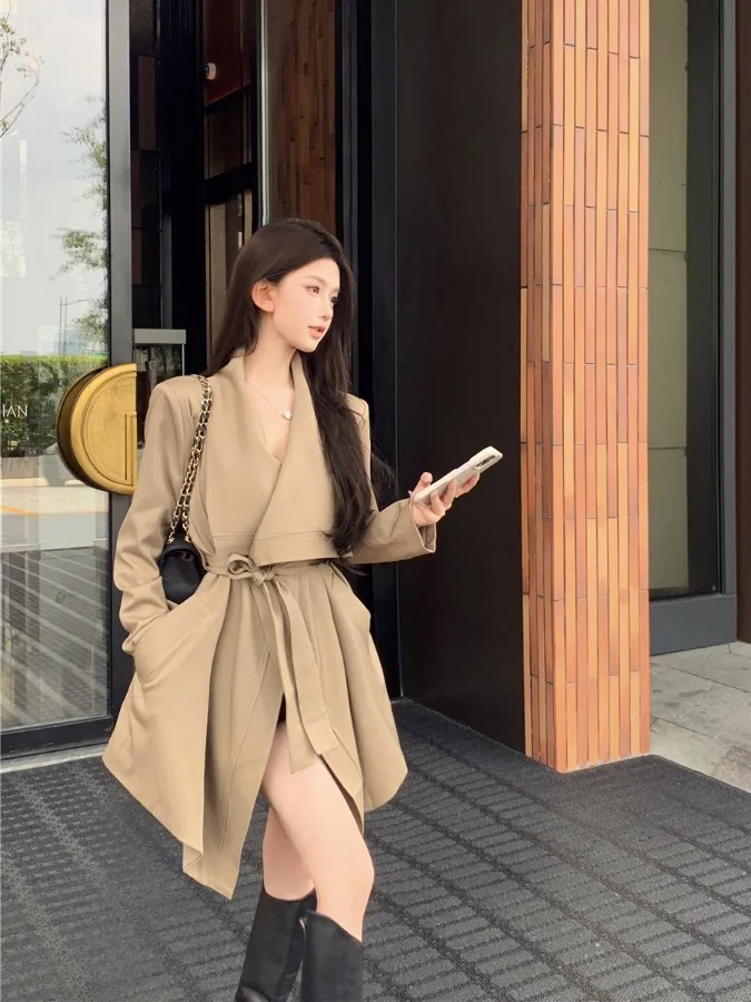 New Korean Style Vintage Sexy Asymmetrical Chic Beautiful Large Collar Loose Fashionable Windbreaker Coat Women's Wear