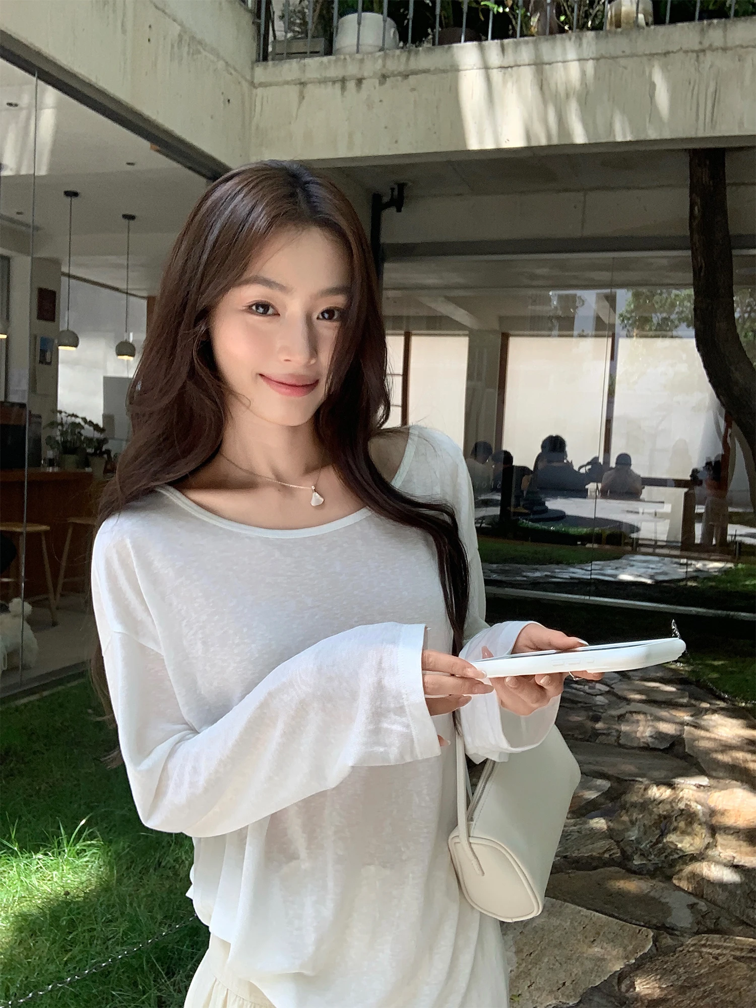 Pusumede Lightweight Formula Women's Long Sleeve T-Shirt Loose Cover up Top with Snowflake Texture Casual Style Fashion