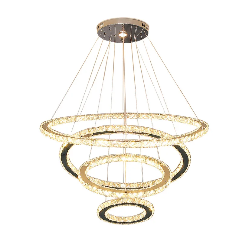 

Stainless steel creative ring led chandelier, dimming, laser crystal ring, indoor living room crystal light