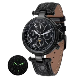 BERNY Men Automatic Watch Self-Winding Watch Luxury Annual Calendar Sun Moon Waterproof Fashion Black Men Mechanical Wristwatch