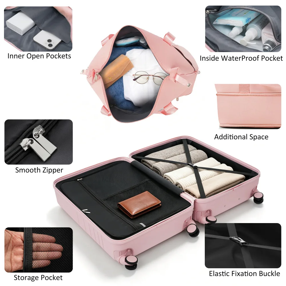 Pink 2 Piece ABS Hard Shell Luggage Set, 20 Inch Front Opening Carry on Suitcase, Expandable Travel Case with USB Charging Port and Cup Holder for Short Trips