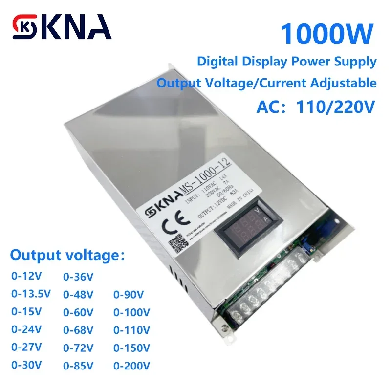 Digital Display Adjustable 1000W Power Supply 0-12V 15V 24V 27V 30V 36V 48V 60V 90V 100V 110V 150 200V 110/220V Ac To Dc Smps