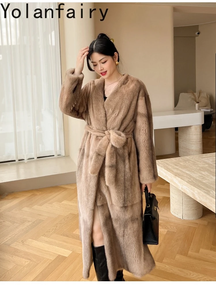 YOLANFAIRY Full Pelt Mink Fur Coat Woman Real Luxury Velvet Whole Mink Natural Fur Jacket Winter 115cm V-neck Women Clothes