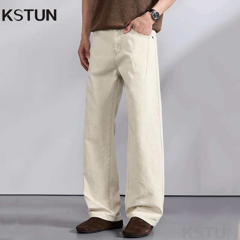 

KSTUN Men's Loose Straight Jeans Khaki 2026 Spring 100% Cotton Male Denim Pants Americian Vintage Khaki Long Trousers Streetwear