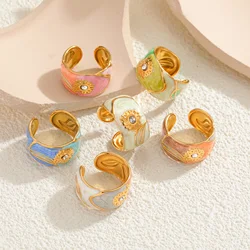 Kissmoon Trendy Multiple Styles Colorful Geometric Sunflower Stainless Steel Open Rings for Women Fashion Party Jewelry Gifts