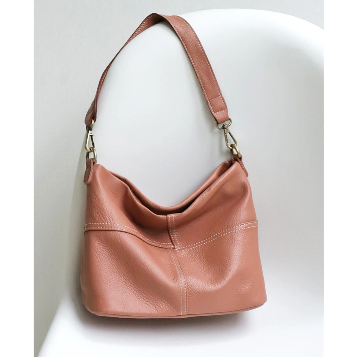 Vintage Casual Genuine Leather Hobo Bag for Women Natural Skin Stitches Patchwork Cross body Shoulder Handbag Bucket Daily Purse