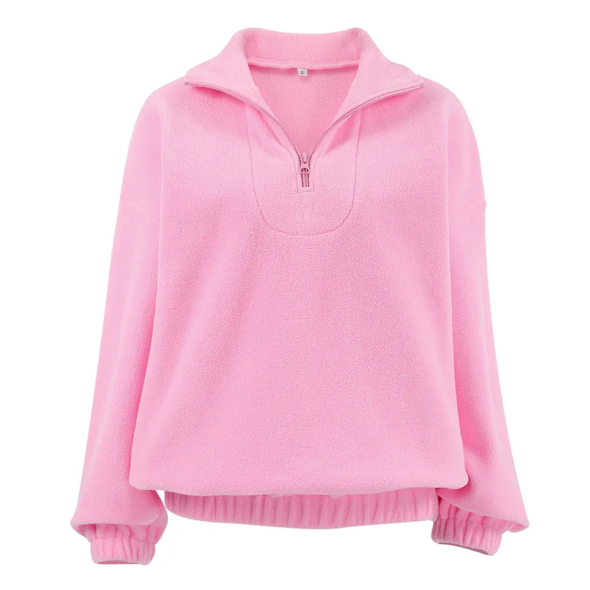 Women Pink Zipped Fleece Casual Lapel Hoodie Coat Loose Long-sleeve Pullover Autumn Winter New Women\'s Fashion Oversized Jacket