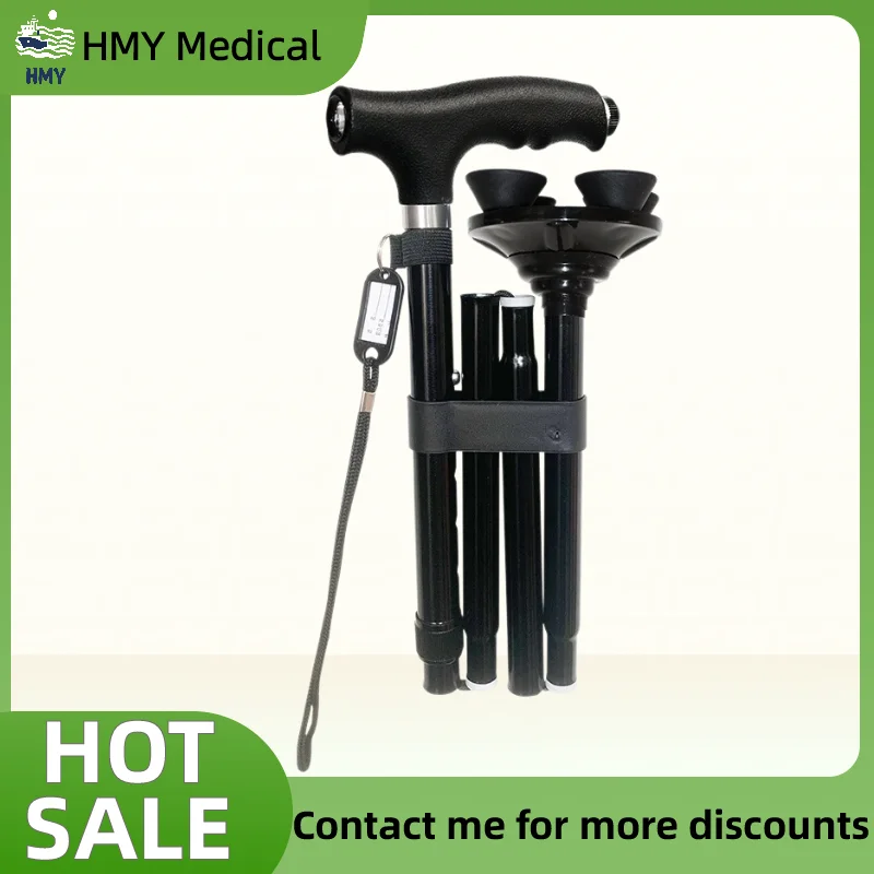 Folding Telescopic Anti Slip Crutches, Four Legged Portable Walking Canes for Elderly, Hiking Mountaineering Walking Assistance