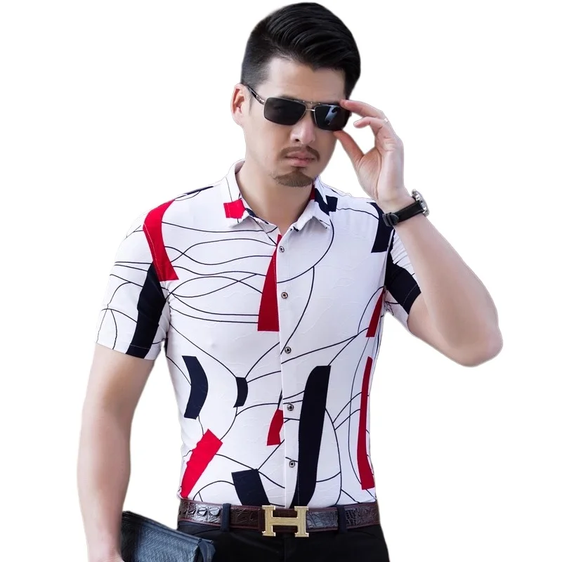 

Новые летние мужские рубашки с короткими рукавами и принтом, белые/темно-синие Homme, классическая рубашка для свадьбы, банкета и вечеринки, удобные дышащие топы
