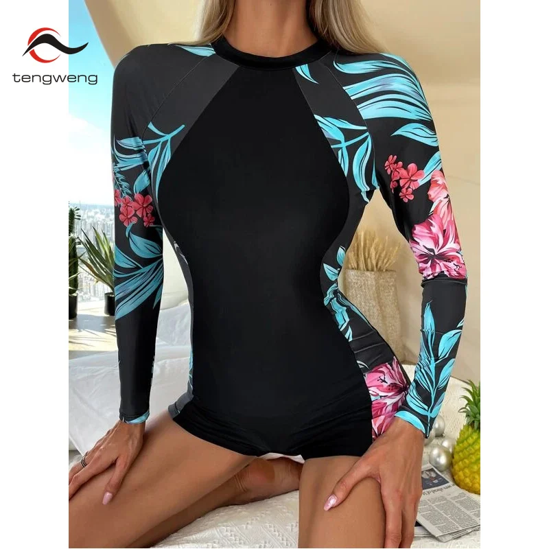 

Long Sleeve Printed Swimsuit 2024 New Women One Piece Surfing Swimwear Female Backless Rashguard Diving Bathing Swimming Suit