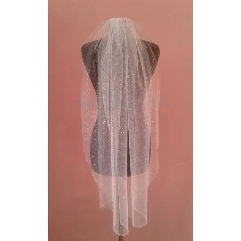 ベール-花嫁-カール-パール-ドレス-ミディアムレングス-フラッシュ-メッシュ-ビーズ-ベール-単層