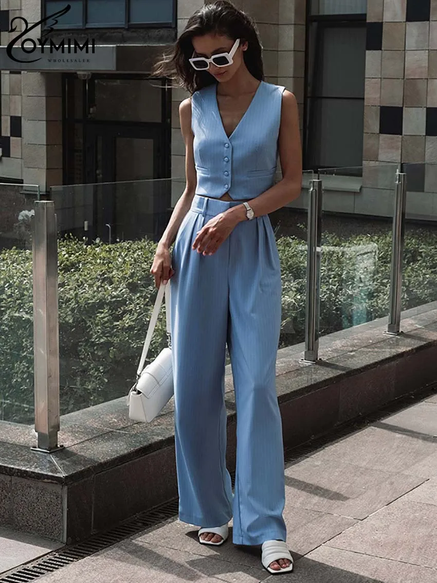 Oymimi Elegant Blue Print 2 Piece Sets Women Outfit Fashion V-Neck Sleeveless Tank Tops And High Waist Straight Pants Female Set