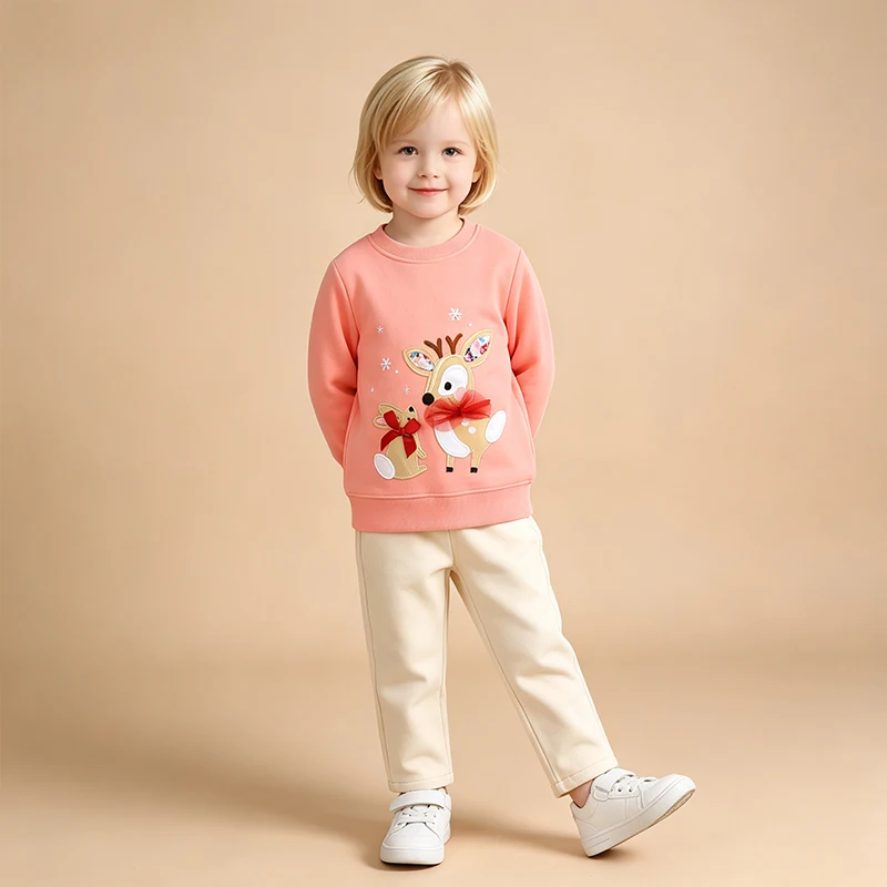 European and American style girls' Christmas cartoon deer applique sweatshirt autumn new children's crew neck base layer