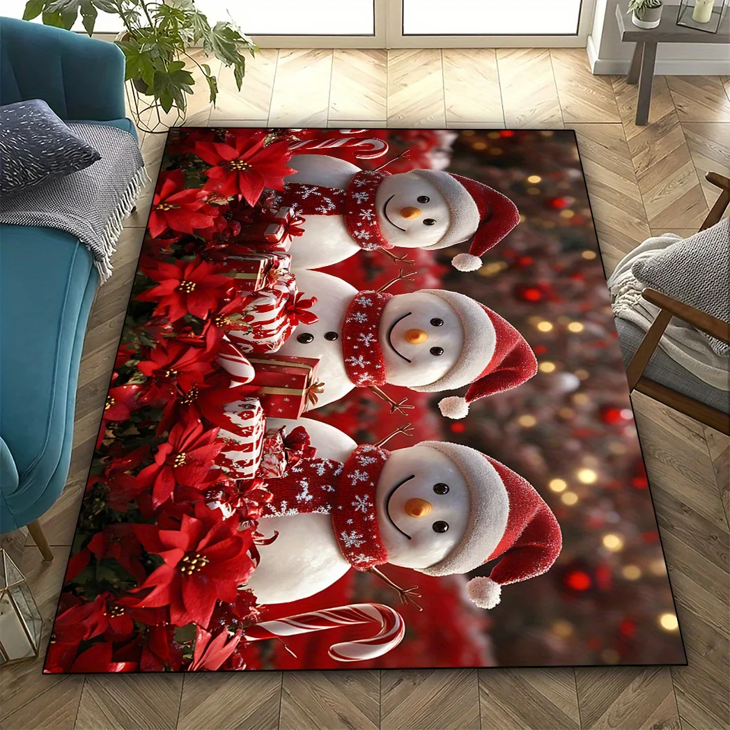 Winter Snowman Rug Living Room Christmas Flower Carpet Candy Cane Floor Mat Holiday Gift Box Bedroom Bedside Seasonal Doormat