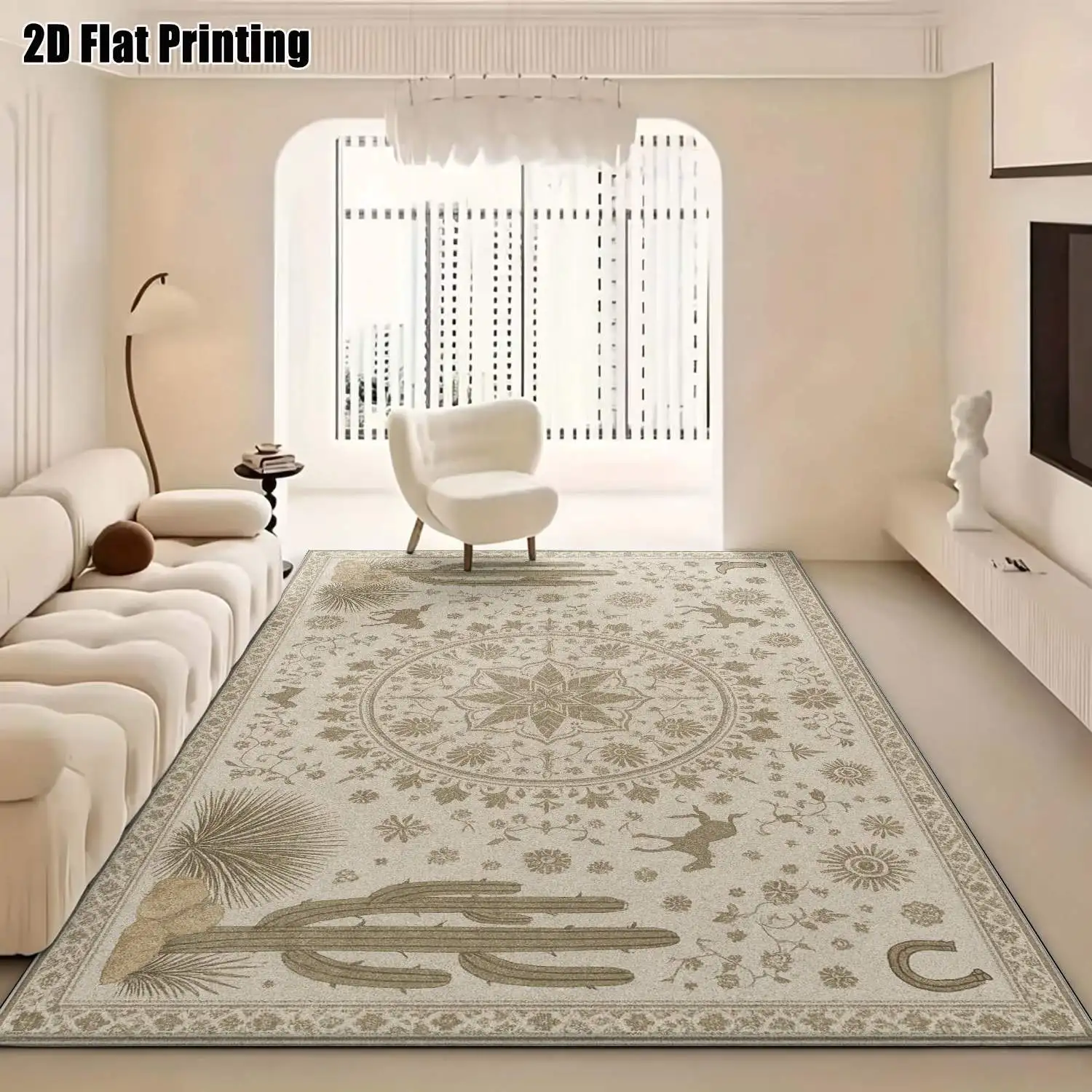 1Pc 2D Printed Beige Carpet: Cactus & Animal Patterns, Retro/Bohemian/Geometric/Floral Styles, Home Decor, Multi-Size, Machine Washable, for Entryway, Dining Room, Foyer, Bedroom, Living Room