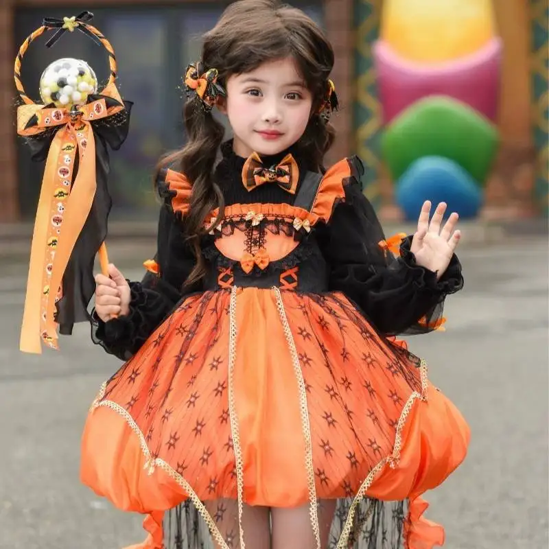 Girls Halloween Witch Lolita Dress Orange Black Pumpkin Puff Sleeve Lace Skirt Witch Hat Kids Cosplay Party Princess Costume