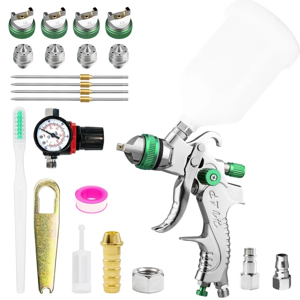 hvlp-h2008-spray-gun-14-17-20-25mm-600ml-adjustable-pneumatic-gravity-painting-sprayer-gun-tool-plastic-cup-regulator-green