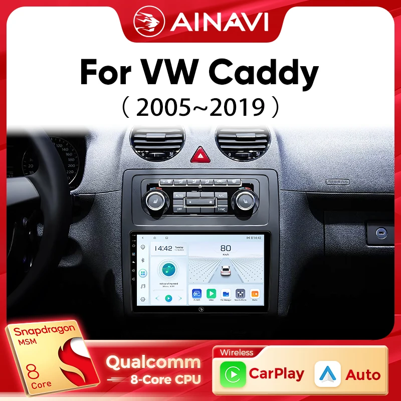 Ainavi Autoradio-Player für Volkswagen VW Caddy 2005 2008 2010 2012 2014 2017 2019 Kabelloses Carplay Android Auto 4G Wifi 2Din
