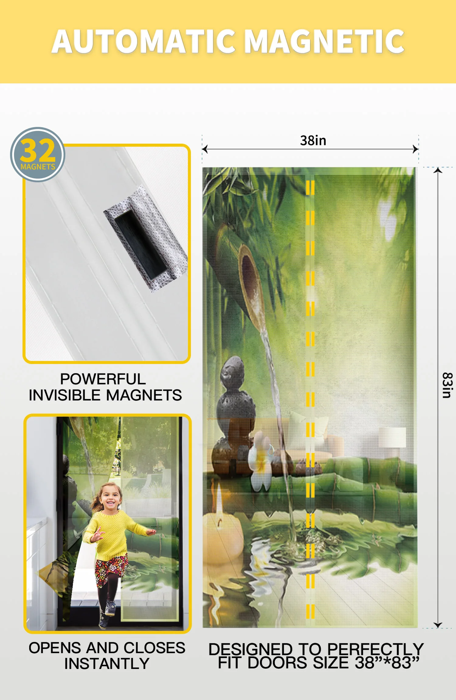 Zen Stone Green Bamboo Forest Water Door Curtain Bedroom Magnetic Mosquito Screen Kitchen Insect Proof Window Mosquito Net