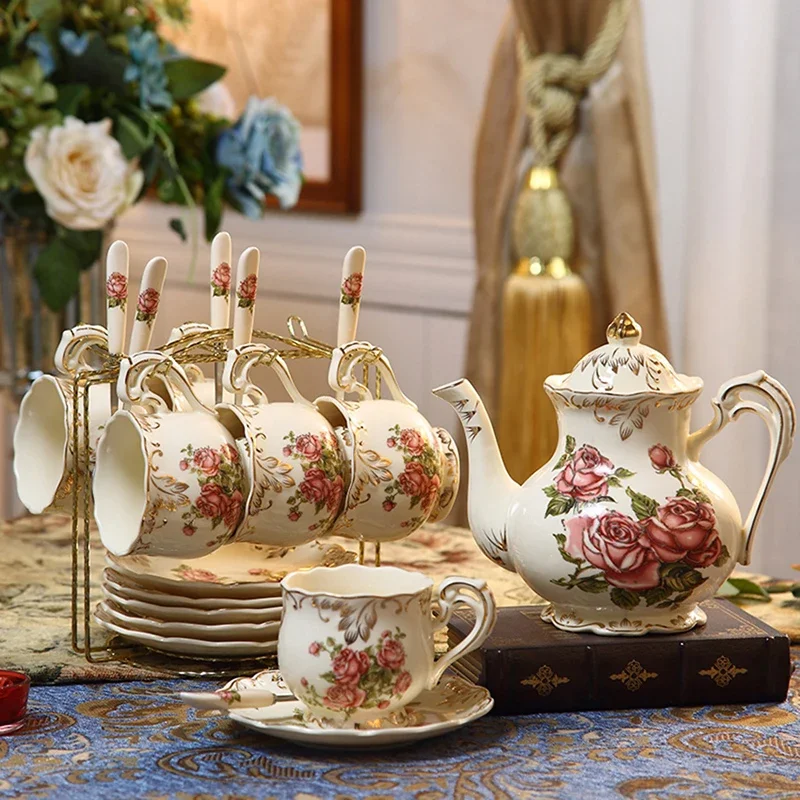 Ivory Porcelain Tea Cups and Saucers, Rose Teacups with Spoon, Coffee Mug, Vintage Floral China Tea Cups 250ml for Tea Party