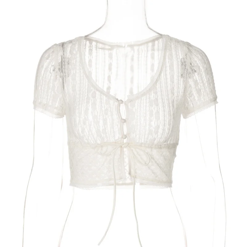 Top Corto Ultrafino de Estilo Europeo y Americano, Nuevo y Popular, con Encaje, Transparente, Ajustado, Camiseta para Mujer