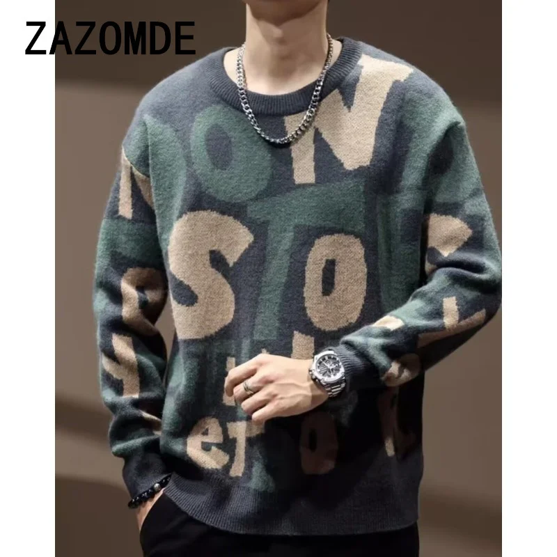 ZAZOMDE Vintage Letter Men Knitwear Sweater Autumn Korean Casual Top O-Neck Large Fashion Sweetwear Men Sweater 2025 New Couples